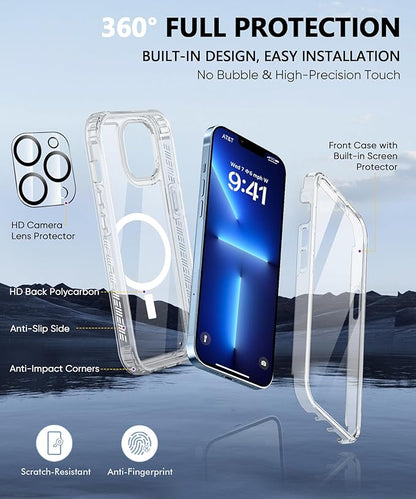 Compatible with iPhone 13 Pro Case Clear, Built-in Screen Protector, with Camera Lens Protector, [Compatible with MagSafe] Full Body Phone Case, Magnetic Protective Cover for 13Pro 6.1" (Clear)