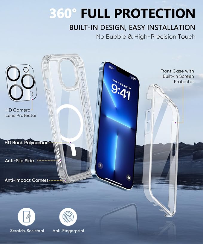 Compatible with iPhone 13 Pro Max Case Clear, Built-in Screen Protector, with Camera Lens Protector, [Compatible with MagSafe] Full Body Phone Case, Protective Cover for 13 ProMax 6.7" (Clear)