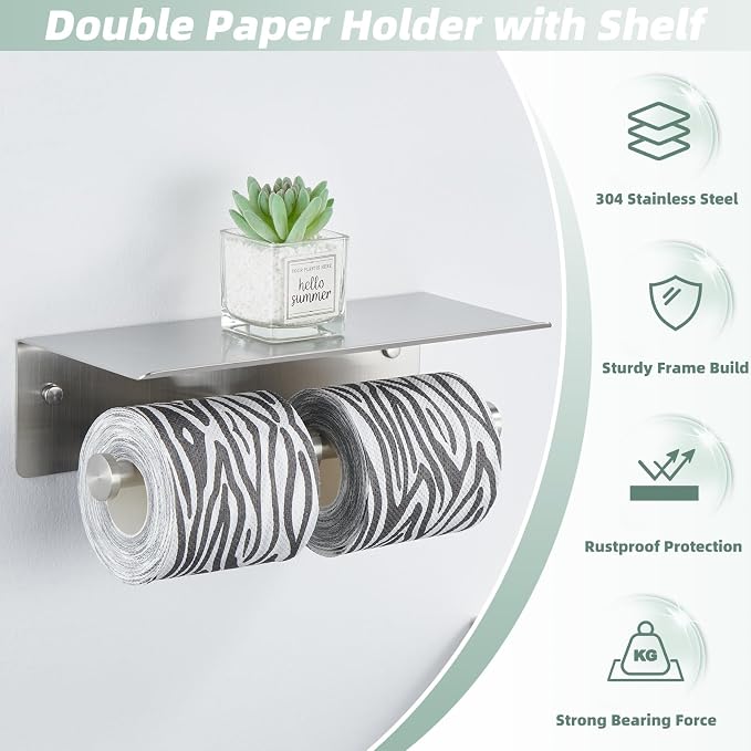 Double Toilet Paper Holder with Shelf Brushed Nickel, APLusee SUS 304 Stainless Steel Contemporary Tissue Roll Holder Mobile Phone Storage Rack