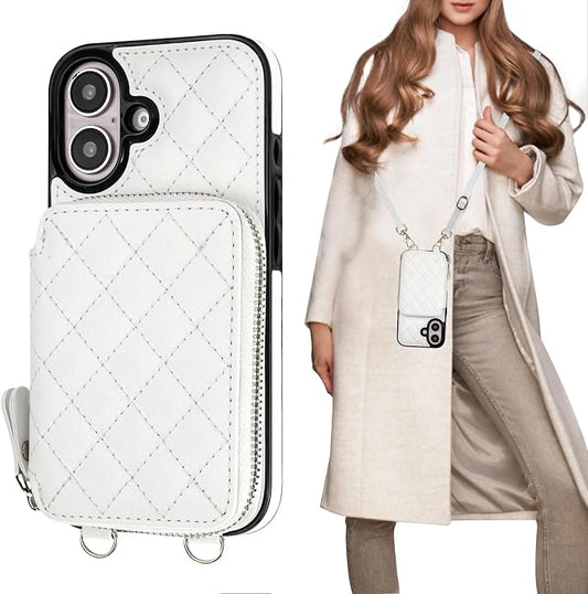 Bocasal Crossbody Wallet Case for iPhone 16, RFID Blocking PU Leather Zipper Handbag Purse Flip Cover, Kickstand Folio Case with Card Slots Holder Wrist Strap Lanyard 5G 6.1 Inch (White)
