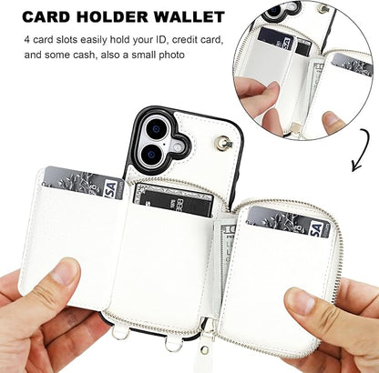 Bocasal for MagSafe Crossbody Wallet Case Compatible with iPhone 17, RFID Blocking Protective Purse Case with Card Slots Holder Kickstand Wrist Strap Lanyard Zipper 6.3 Inch 5G (White)