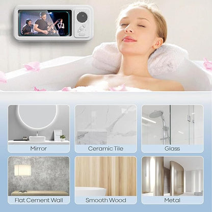 Waterproof Shower Phone Holder with Bluetooth Speaker, 100% Waterproof Fog‑Resistant Bathroom Phone Case, 480° Rotatable Retractable Mount for All Phones (White)