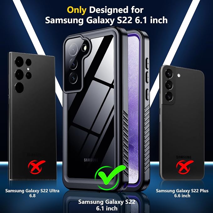 SPIDERCASE for Samsung Galaxy S22 Waterproof Case, [12FT Military-Grade Drop Protection] IP68 Water Resistance [Built-in Screen Protector] Full Body Sealed Protection Phone Case 6.1", Purple