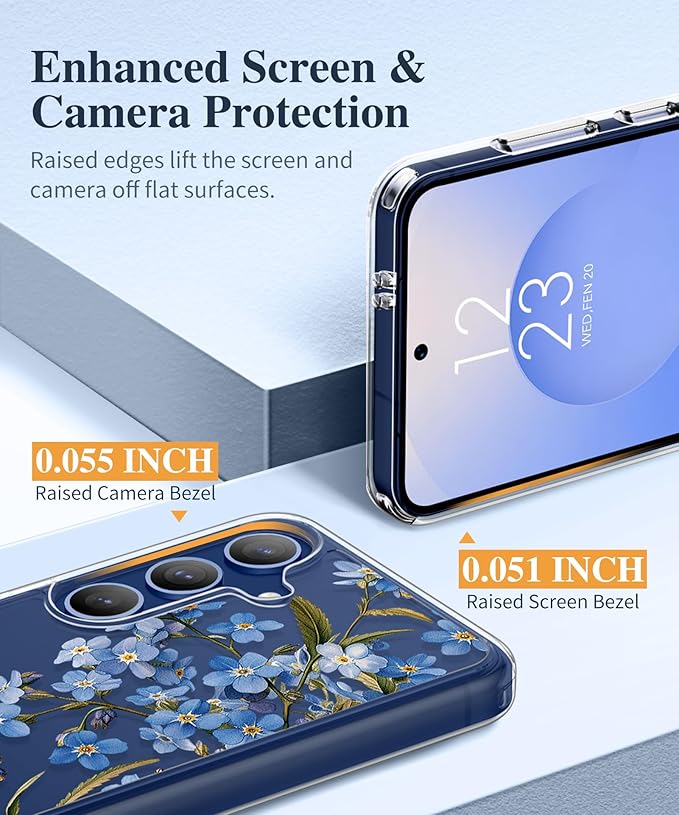 GVIEWIN for Samsung Galaxy S25 Case, Clear Floral Slim Shockproof Protective Women Phone Case, Non-Yellowing, with Screen Protector & Camera Lens Protector for Galaxy S25 6.2", Aconite/Blue