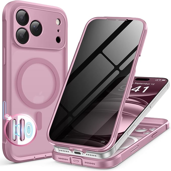 BERFY for iPhone 17 Pro Max Case, Compatible with MagSafe, Built-in Privacy Screen Protector, Camera Protection, Shockproof Full Body Phone Case 6.9", Translucent Palevioletred