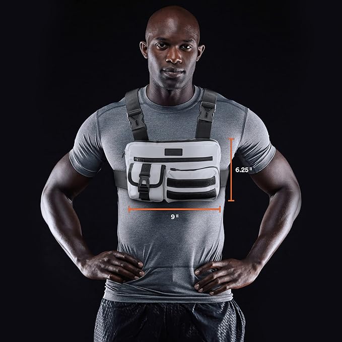 Fitdom Tactical Inspired Lightweight Running Chest Pack For Men With Built-In Phone Holder. A Sports Utility Rig Vest Made For Workouts And Outdoor
