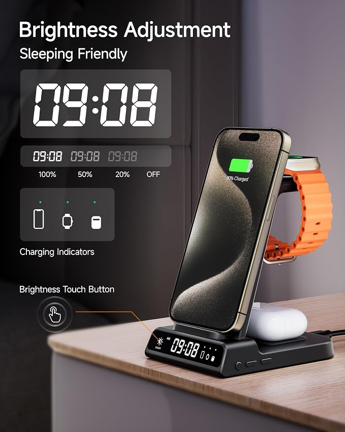 Wireless Charger for iPhone 17, 3 in 1 Charging Station for Apple Watch Watch 11/10/9/8/7/6/5, Ultra 3/SE 3, for iPhone 17/16/15/14/13/12/11/X Series, for Air Pods Pro 3/4/Pro 2 (No Adapter)