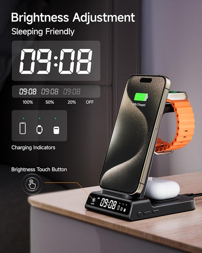 Wireless Charger for iPhone 17, 3 in 1 Charging Station for Apple Watch Watch 11/10/9/8/7/6/5, Ultra 3/SE 3, for iPhone 17/16/15/14/13/12/11/X Series, for Air Pods Pro 3/4/Pro 2 (No Adapter)