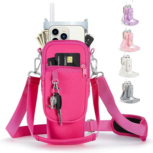 linmaya Water Bottle Carrier Bag for Stanley Cup 40/30oz with Phone Holder Pockets,Neoprene Water Bottle Cross-body Bag with Adjustable Shoulder & Hand Strap Stanley Cup Accessories