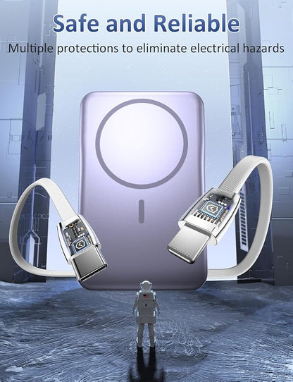 Magnetic Portable Charger, 10000mAh Power Bank, 5 in 1 Portable Charger with Built in Cable, 20W Fast Charging for Magsafe Battery Pack Compatible with iPhone 17/16/15/14/13/12 Pro/Pro Max-Lavender
