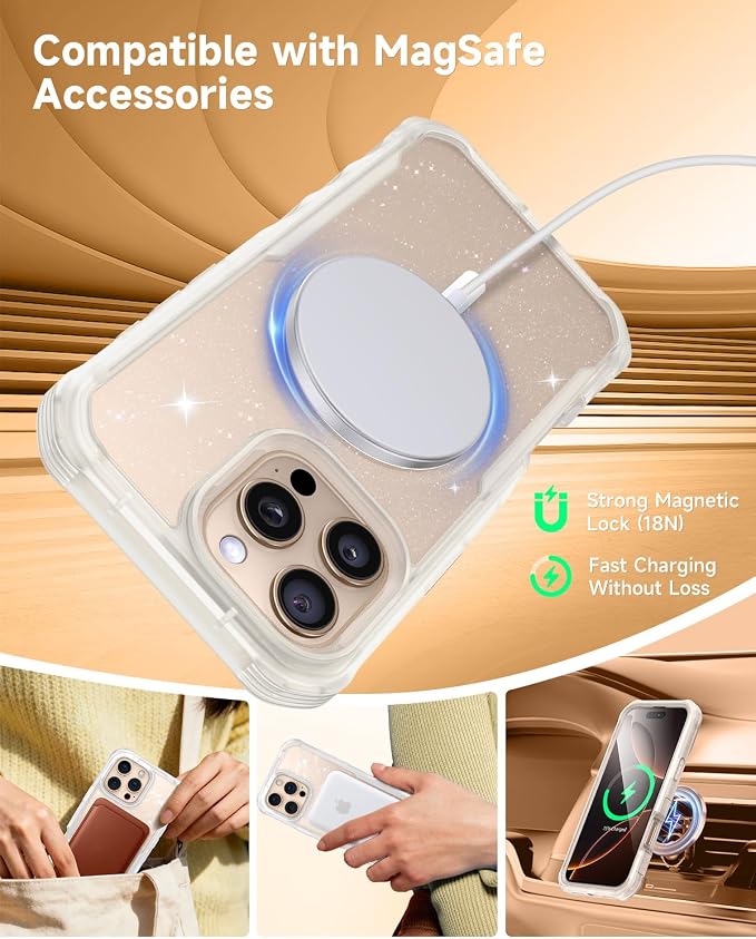 seacosmo Magnetic for iPhone 16 Pro Max Case for Women, Girly, Men, Full Body with Built-in Screen and Camera Lens Protector, Anti-Yellowing, Shockproof Cute Phone Case, 6.9", Clear Glitter