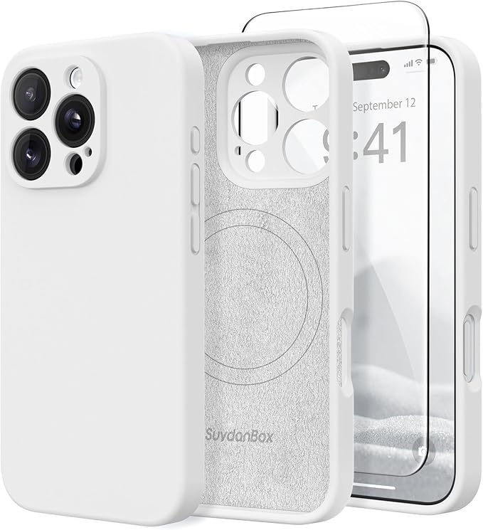 Magnetic for iPhone 16 Pro Case, Compatible with MagSafe, [Full Camera Protection][Screen Protector] Silicone Shockproof Protective Phone Case for iPhone 16 Pro 6.3", White