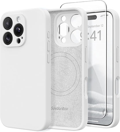 Magnetic for iPhone 16 Pro Case, Compatible with MagSafe, [Full Camera Protection][Screen Protector] Silicone Shockproof Protective Phone Case for iPhone 16 Pro 6.3", White