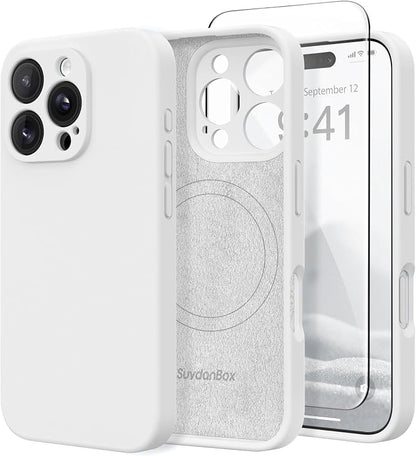 Magnetic for iPhone 16 Pro Max Case, Compatible with MagSafe, [Full Camera Protection][Screen Protector] Silicone Shockproof Protective Phone Case for iPhone 16 Pro Max 6.9", White