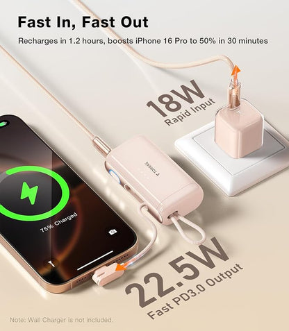 TORRAS 2-in-1 iPhone 16 Portable Charger, 5,000mAh 22.5W Mini Power Bank with Built-in USB-C Cable, Fast Charge Battery Pack, Travel Essential for iPhone 17/16/15, Galaxy S25, Google – Desert Titanium