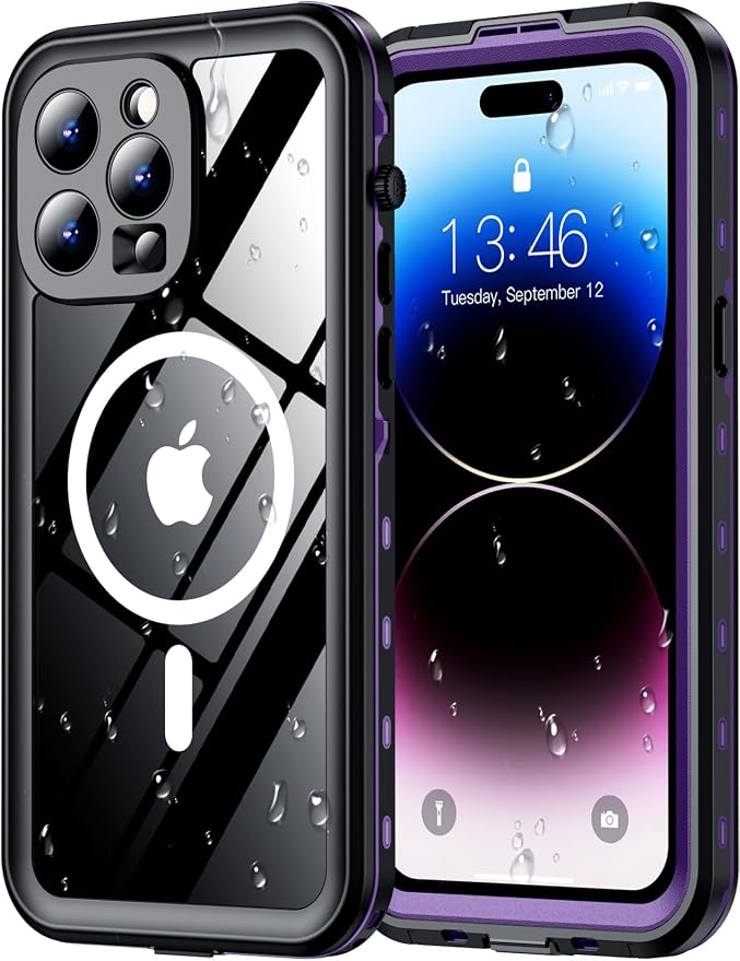 Red2Fire for iPhone 14 Pro Case Waterproof, [Built-in Screen Protector & Camera Protector][Compatible with MagSafe][Full Body Shockproof][IP68 Waterproof][Dustproof] Phone Case 6.1" Purple/Clear