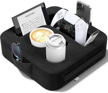 Couch Cup Holder Pillow, Sofa and Bed Organizer Caddy for iPad, Kindle, Switch, Game Controller, Remotes, Phones, Small-Sized Cup & Drink Holder for Couch, Bed, Desk, Car, Beach, Desk, Black