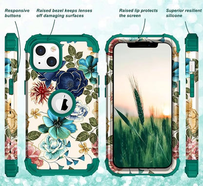 Hocase for iPhone 14 Case/iPhone 13 Case, Heavy Duty Shockproof Protection Soft Silicone Rubber+Hard Plastic Bumpers Hybrid Protective Case for iPhone 13/14 (6.1") - Teal Flowers