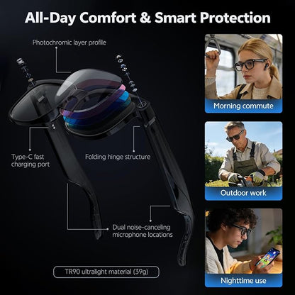 AI Smart Glasses with Camera and Audio, 8MP HD Camera Glasses for Men Women with Voice Assistant, 1080P Recording Sunglasses with Real-Time Translation, Open-Ear Audio for Vlogging, Travel, Business