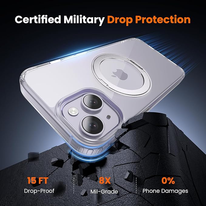 3 in 1 for iPhone 14 Case Stand |Build in Kickstand,Screen Protector *1 & Camera Lens Protector*1, Not Yellowing, Fits MagSafe, Military-Grade Protection