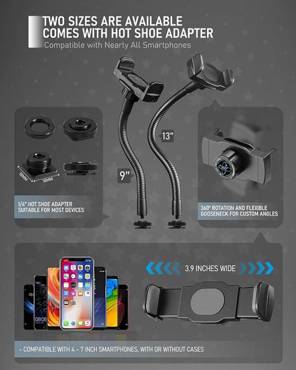 KHC1417 Ring Light Phone Holder with Flexible Heavy-Duty Gooseneck Arm – Adjustable Smartphone Mount with Hot Shoe Adapter for Tripods, Camera Mounts, iPhone & Android, 9-INCH