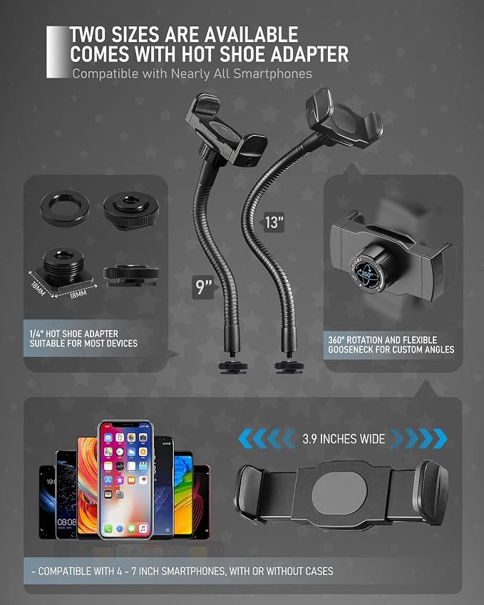 KHC1417 Ring Light Phone Holder with Flexible Heavy-Duty Gooseneck Arm – Adjustable Smartphone Mount with Hot Shoe Adapter for Tripods, Camera Mounts, iPhone & Android, 13-INCH