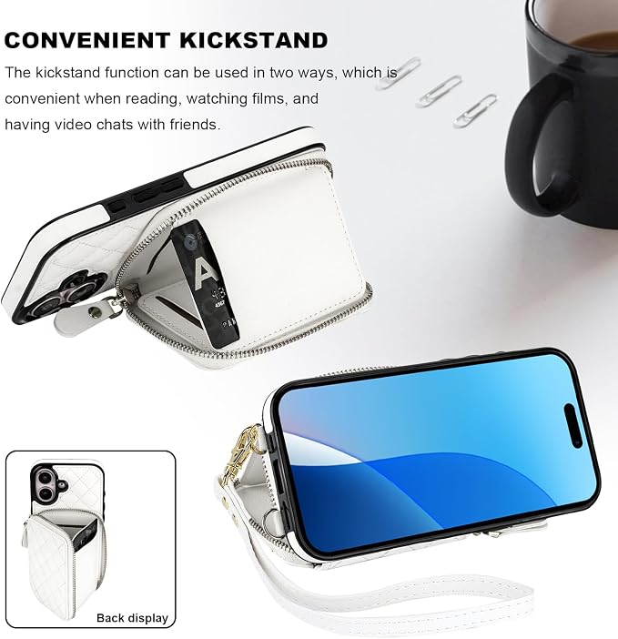 Bocasal Crossbody Wallet Case for iPhone 16, RFID Blocking PU Leather Zipper Handbag Purse Flip Cover, Kickstand Folio Case with Card Slots Holder Wrist Strap Lanyard 5G 6.1 Inch (White)