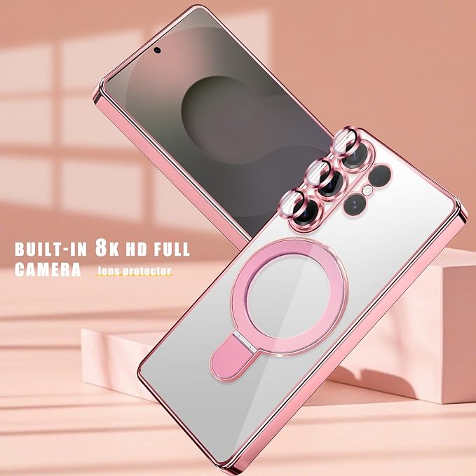 Magnetic for Samsung Galaxy S24 Ultra Case Stand & Ring Holder Compatible with MagSafe Built-in Camera Lens Protector Phone Case for Samsung S24 Ultra - Pink