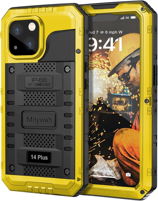 Mitywah Waterproof Case for iPhone 14 Plus, Heavy Duty Shockproof Case with Built-in Screen Protector, Full Body Underwater Protective Metal Case 6.7 inch, Yellow