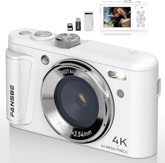 Digital Camera, 4K Vlogging Camera with 64MP, Point and Shoot Digital Cameras with 18X Zoom, Anti-Shake, Mode Dial, 32GB SD Card, Card Reader, Charger, Compact Small Cameras, White