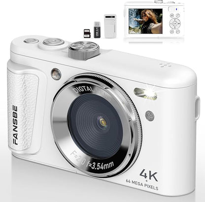 Digital Camera, 4K Vlogging Camera with 64MP, Point and Shoot Digital Cameras with 18X Zoom, Anti-Shake, Mode Dial, 32GB SD Card, Card Reader, Charger, Compact Small Cameras, White