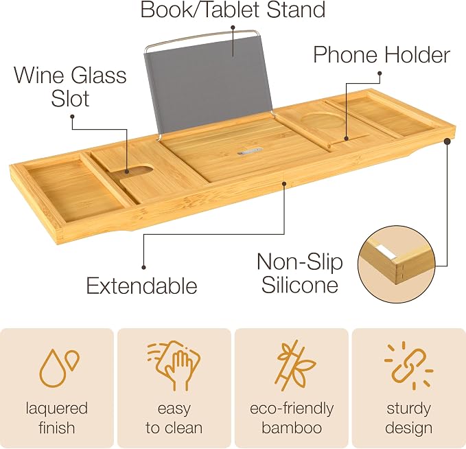 Wooden Bathtub Tray - Foldable Expandable Bamboo Bath Tray for Tub with Wine Holder, Book & Tablet Stand - Bath Caddy for Bathtub, Spa Bath Accessories for Women, Tub Tray Table, Gift for Her or Him