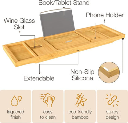 Wooden Bathtub Tray - Foldable Expandable Bamboo Bath Tray for Tub with Wine Holder, Book & Tablet Stand - Bath Caddy for Bathtub, Spa Bath Accessories for Women, Tub Tray Table, Gift for Her or Him