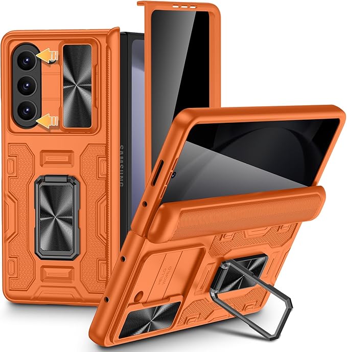 VEGO for Samsung Z Fold 5 Case,with Privacy Screen Protector & Hinge Cover | Built-in Slide Camera Cover, Full-Body Drop Protection Kickstand Privacy Phone Case for Samsung Galaxy Z Fold 5 2023-Orange