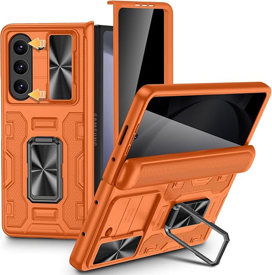 VEGO for Samsung Z Fold 5 Case,with Privacy Screen Protector & Hinge Cover | Built-in Slide Camera Cover, Full-Body Drop Protection Kickstand Privacy Phone Case for Samsung Galaxy Z Fold 5 2023-Orange
