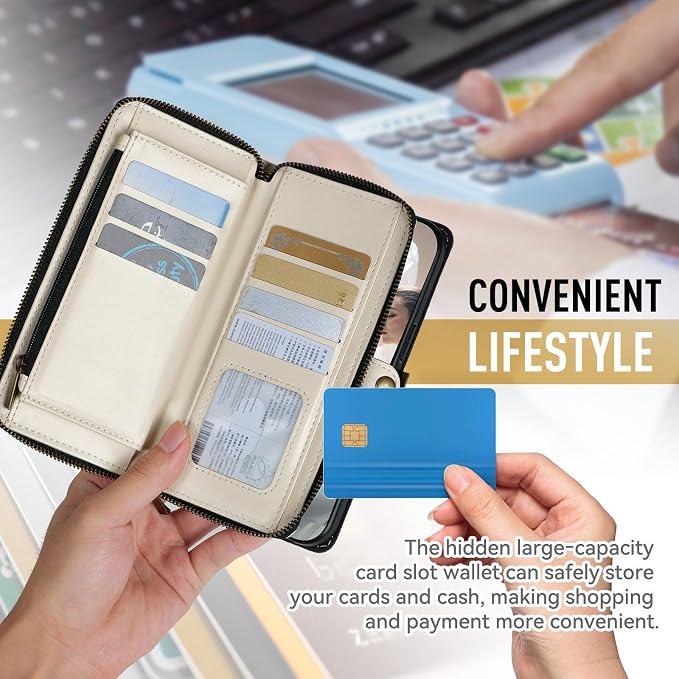 Rssviss Crossbody Case Wallet for iPhone 16 Pro, RFID Blocking Leather Case with Card Holder Kickstand, Handbag Zipper Flip Cover with Wrist Strap for iPhone 16 Pro Men Women 6.3", White