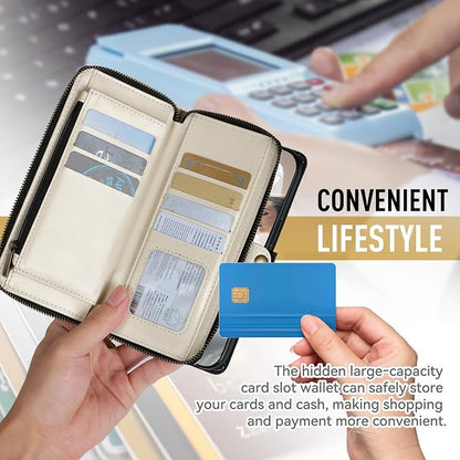 Rssviss Crossbody Case Wallet for iPhone 16 Pro, RFID Blocking Leather Case with Card Holder Kickstand, Handbag Zipper Flip Cover with Wrist Strap for iPhone 16 Pro Men Women 6.3", White
