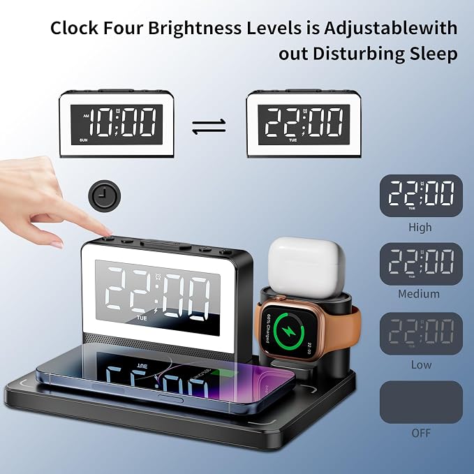Wireless Fast Charging Station - 7 in 1 Alarm Clock with Wireless Charger Stand - Charging Dock for Apple,for Samsung Galaxy Multiple Devices - for iPhone Watch,for Airpods (Black)