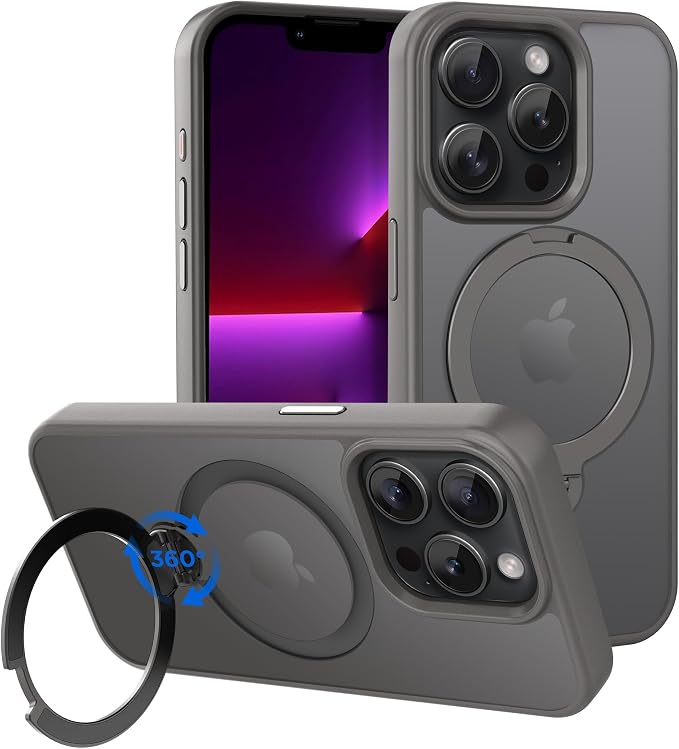 CACOE Magnetic Case for iPhone 13 Pro 6.1 inch with 360 Rotatable Ring Stand, Compatible with MagSafe Car Phone Mount, Cover Phone Holder for Desk Meeting/Videos（Light Gray）