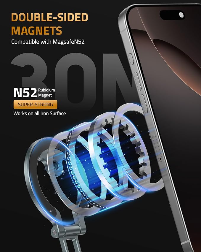 Dual Magnetic Phone Stand Holder Ultrathin, YC-21 Double Magnetic Phone Holder Foldable 1/4" Screw Tripod Mount Compatible with MagSafe for iPhone 17 16 15 14 13 12 Pro Max Plus Gym Magnet