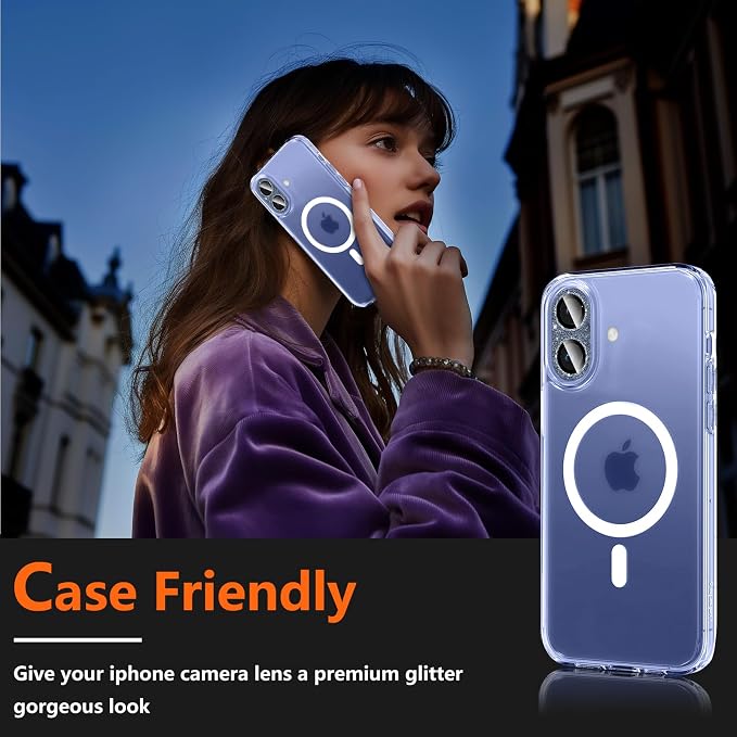 Camera Lens Protector for iPhone 16/iPhone 16 Plus, Bling Glitter Camera Cover with 9H Tempered Glass Metal Ring, Anti-Scratch Lens Protector for iPhone 16/iPhone 16 Plus (Glitter - Blue)