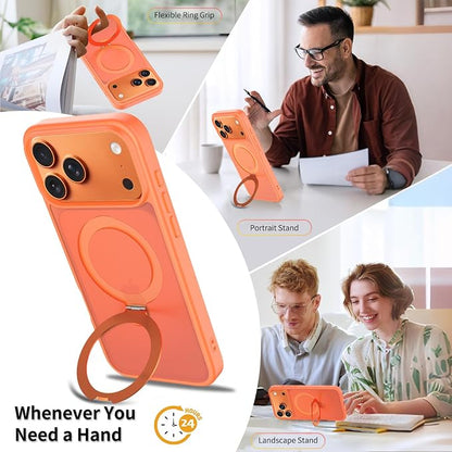 Ultra-Magnetic Stand for iPhone 17 Pro Max Case [Military Drop Protection] [Compatible with MagSafe] Shockproof Translucent Matte Slim Ring Holder Case for iPhone 17 Pro Max (Orange)