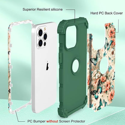 Hocase for iPhone 15 Pro Max Case, Heavy Duty Shockproof Protection Soft Silicone Rubber Bumper+Hard Plastic Hybrid Protective Case for iPhone 15 Pro Max 6.7" 2023 - Teal Green Butterflies