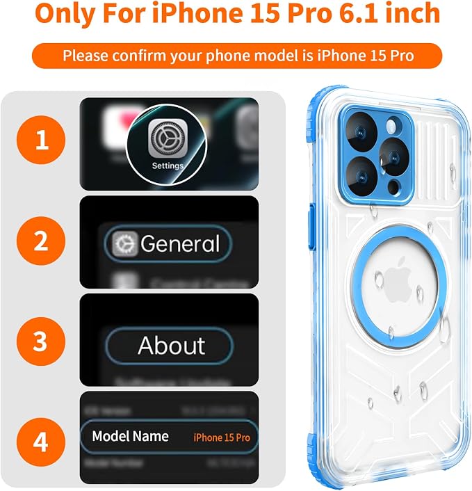 for iPhone 15 Pro Waterproof Case, IP68 Underwater Case Built-in Screen Protector, 360 Full Body Compatible with MagSafe, 12FT Military Grade, Slim Translucent Protective Cover 6.1 inch Blue