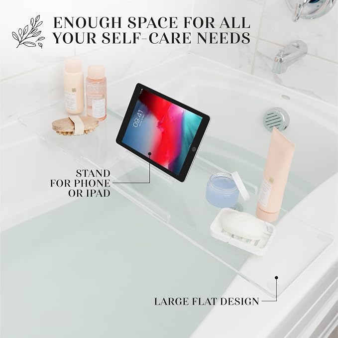 32" Classic- Clear Bathtub Tray Caddy Tub Shelf, Spa Board Luxury Bathroom Bath tub Table, Waterproof Acrylic Tub Caddy Fits Across Bathtub, Book Rack, iPad, Easy To Clean(32")