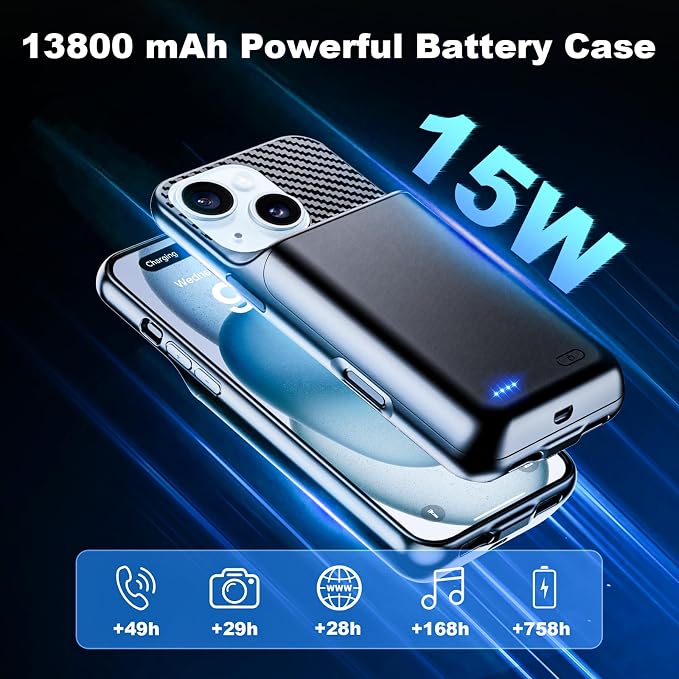 Battery Case for iPhone 15 Plus (6.7 inch), 2026 Upgraded High Capacity 13800mAh Battery Pack Rechargeable Charger External Charging Case with Tempered Glass Screen Protector Black
