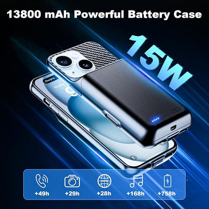 Battery Case for iPhone 15 Plus (6.7 inch), 2026 Upgraded High Capacity 13800mAh Battery Pack Rechargeable Charger External Charging Case with Tempered Glass Screen Protector Black