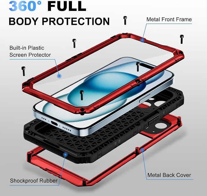 Beasyjoy for iPhone 15 Case Waterproof, Metal Heavy Duty Full Body Protective Case with Built-in Screen Protector, Military Grade Shockproof Dustproof Defender Rugged Cover for iPhone 15 6.1", Red