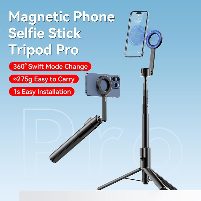 ULANZI 54'' Magnetic Selfie Stick Tripod Pro, All-in-One Phone Tripod w Magnetic Phone Holder & Detachable Wireless Remote, C/W Magsafe, for iPhone 16 15 14 13 12 Series & Android Phones (Black)