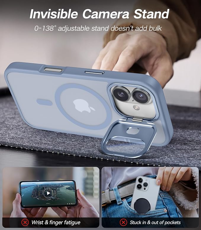 [Upgraded] for iPhone 16 Case with Camera Cover Stand [Fit for MagSafe][9H Camera Lens Protector] Mil-Grade Protection Translucent Matte Silicone Magnetic iPhone 16 Phone Case, Light Blue